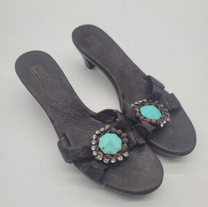 PELLE Womens Slides Black Embellished Strap Cuban Heel Slip On Sandals Size 10